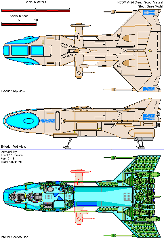 · INCOM A-24 Sleuth, exterior views, and deckplan, Artwork by: Frank V Bonura