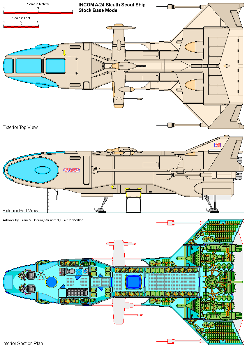 · INCOM A-24 Sleuth Version 3, exterior views, and deckplan, Artwork by: Frank V Bonura