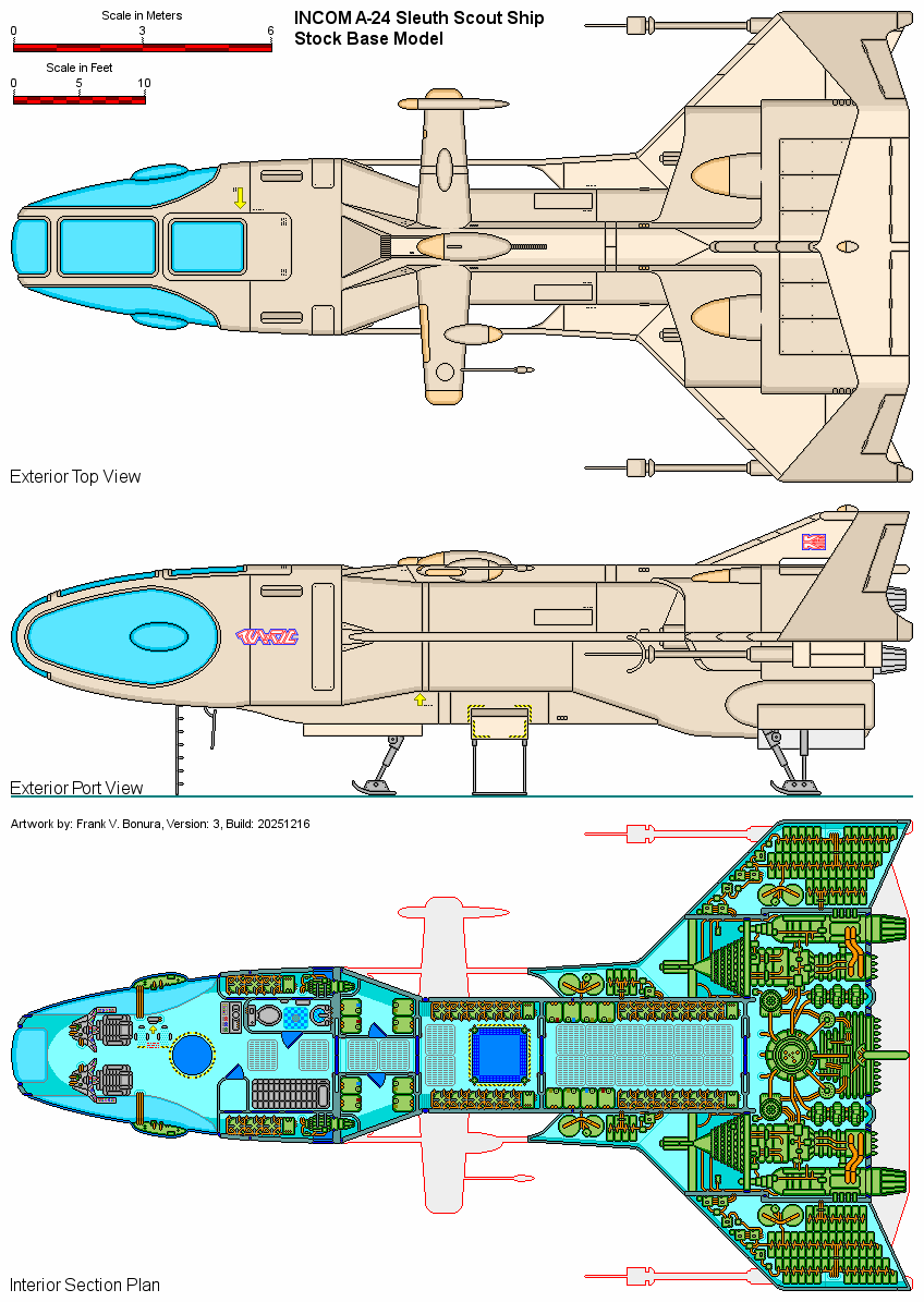 &middot; INCOM A-24 Sleuth Version 3, exterior views, and deckplan, Artwork by: Frank V Bonura