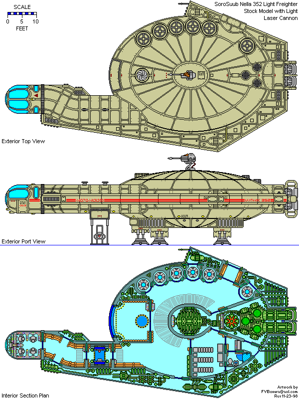 SoroSuub Nella 352 Light Freighter, exterior and deckplan